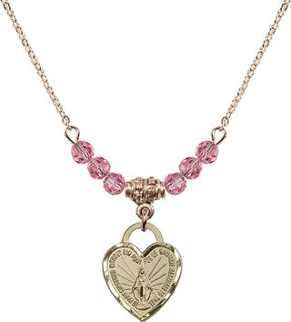 18" Hamilton Gold Plated Necklace with 4mm Rose Crystal Beads featuring a 14kt Gold Filled Miraculous Heart Medal. Engraved Catholic Saint Jewelry