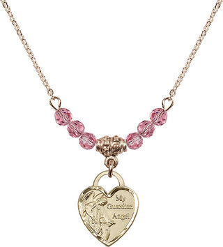 18" Hamilton Gold Plated Necklace with 4mm Rose Crystal Beads featuring a 14kt Gold Filled Guardian Angel Heart Medal. Engraved Catholic Saint Jewelry