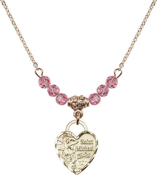 18" Hamilton Gold Plated Necklace with 4mm Rose Crystal Beads featuring a 14kt Gold Filled Saint Michael Heart Medal. Engraved Catholic Saint Jewelry