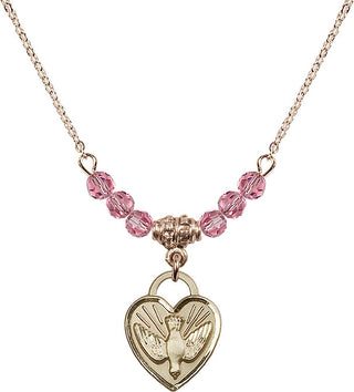 18" Hamilton Gold Plated Necklace with 4mm Rose Crystal Beads featuring a 14kt Gold Filled Confirmation Heart Medal. Engraved Catholic Saint Jewelry