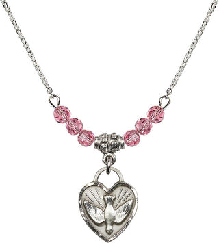 18" Rhodium Plated Necklace with 4mm Rose Crystal Beads featuring a Sterling Silver Confirmation Heart Medal. Engraved Catholic Saint Jewelry