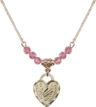 18" Hamilton Gold Plated Necklace with 4mm Rose Crystal Beads featuring a 14kt Gold Filled Graduation Heart Medal. Engraved Catholic Saint Jewelry