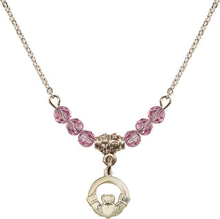18" Hamilton Gold Plated Necklace with 4mm Rose Crystal Beads featuring a 14kt Gold Filled Claddagh Medal.