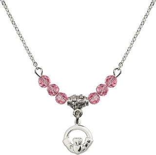 18" Rhodium Plated Necklace with 4mm Rose Crystal Beads featuring a Sterling Silver Claddagh Medal.