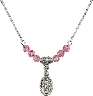 18" Rhodium Plated Necklace with 4mm Rose Crystal Beads featuring a Sterling Silver Scapular Medal.