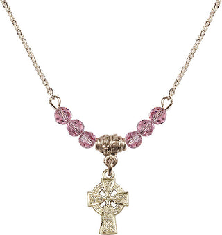 18" Hamilton Gold Plated Necklace with 4mm Rose Crystal Beads featuring a 14kt Gold Filled Celtic Cross Medal.
