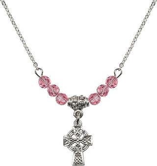 18" Rhodium Plated Necklace with 4mm Rose Crystal Beads featuring a Sterling Silver Celtic Cross Medal.