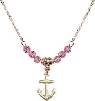 18" Hamilton Gold Plated Necklace with 4mm Rose Crystal Beads featuring a 14kt Gold Filled Anchor Medal.