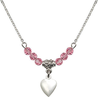 18" Rhodium Plated Necklace with 4mm Rose Crystal Beads featuring a Sterling Silver Heart Medal.