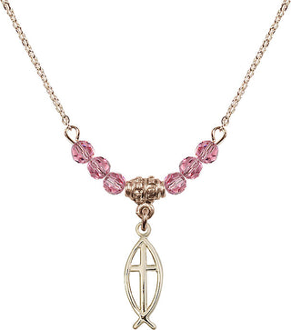 18" Hamilton Gold Plated Necklace with 4mm Rose Crystal Beads featuring a 14kt Gold Filled Fish / Cross Medal.