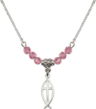 18" Rhodium Plated Necklace with 4mm Rose Crystal Beads featuring a Sterling Silver Fish / Cross Medal.