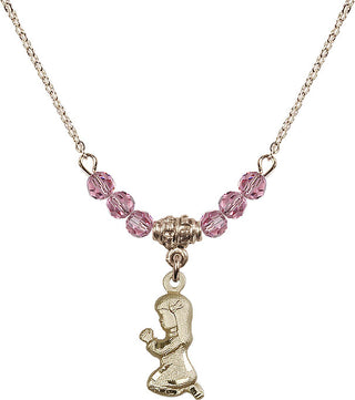 18" Hamilton Gold Plated Necklace with 4mm Rose Crystal Beads featuring a 14kt Gold Filled Praying Girl Medal.