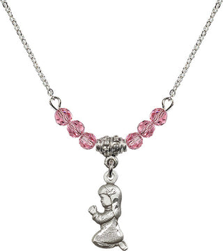 18" Rhodium Plated Necklace with 4mm Rose Crystal Beads featuring a Sterling Silver Praying Girl Medal.