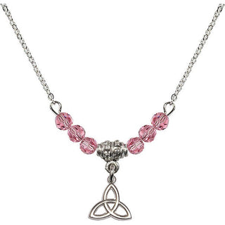 18" Rhodium Plated Necklace with 4mm Rose Crystal Beads featuring a Sterling Silver Trinity Irish Knot Medal.