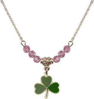 18" Hamilton Gold Plated Necklace with 4mm Rose Crystal Beads featuring a 14kt Gold Filled Shamrock Medal.