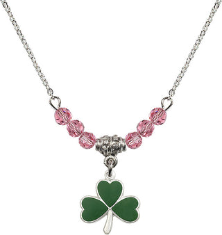 18" Rhodium Plated Necklace with 4mm Rose Crystal Beads featuring a Sterling Silver Shamrock Medal.