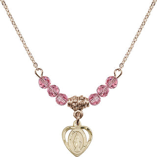 18" Hamilton Gold Plated Necklace with 4mm Rose Crystal Beads featuring a 14kt Gold Filled Miraculous Medal.