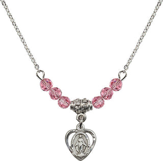 18" Rhodium Plated Necklace with 4mm Rose Crystal Beads featuring a Sterling Silver Miraculous Medal.