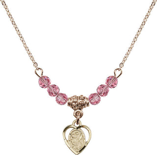 18" Hamilton Gold Plated Necklace with 4mm Rose Crystal Beads featuring a 14kt Gold Filled Saint Christopher Medal. Engraved Catholic Saint Jewelry