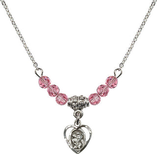 18" Rhodium Plated Necklace with 4mm Rose Crystal Beads featuring a Sterling Silver Saint Christopher Medal. Engraved Catholic Saint Jewelry