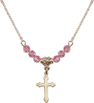 18" Hamilton Gold Plated Necklace with 4mm Rose Crystal Beads featuring a 14kt Gold Filled Cross Medal.