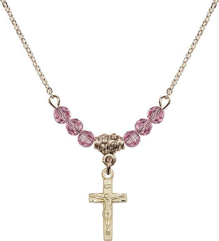 18" Hamilton Gold Plated Necklace with 4mm Rose Crystal Beads featuring a 14kt Gold Filled Crucifix Medal.