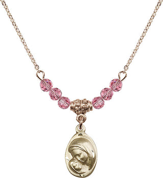 18" Hamilton Gold Plated Necklace with 4mm Rose Crystal Beads featuring a 14kt Gold Filled Madonna & Child Medal.