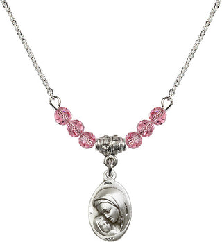 18" Rhodium Plated Necklace with 4mm Rose Crystal Beads featuring a Sterling Silver Madonna & Child Medal.