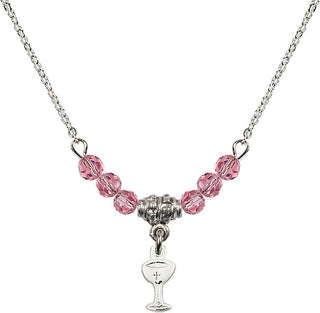 18" Rhodium Plated Necklace with 4mm Rose Crystal Beads featuring a Sterling Silver Chalice Medal.