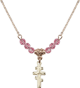 18" Hamilton Gold Plated Necklace with 4mm Rose Crystal Beads featuring a 14kt Gold Filled Greek Orthadox Cross Medal.