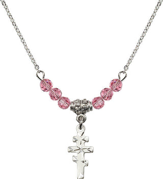 18" Rhodium Plated Necklace with 4mm Rose Crystal Beads featuring a Sterling Silver Greek Orthadox Cross Medal.