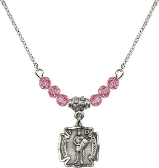 18" Rhodium Plated Necklace with 4mm Rose Crystal Beads featuring a Sterling Silver Saint Florian Medal. Engraved Catholic Saint Jewelry