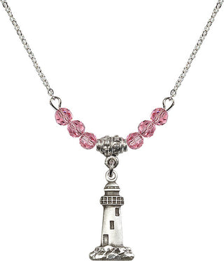 18" Rhodium Plated Necklace with 4mm Rose Crystal Beads featuring a Sterling Silver Lighthouse Medal.