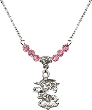 18" Rhodium Plated Necklace with 4mm Rose Crystal Beads featuring a Sterling Silver Saint Michael the Archangel Medal.