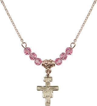 18" Hamilton Gold Plated Necklace with 4mm Rose Crystal Beads featuring a 14kt Gold Filled San Damiano Crucifix Medal.