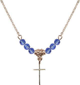 18" Hamilton Gold Plated Necklace with 4mm Sapphire Crystal Beads featuring a 14kt Gold Filled Cross Medal.