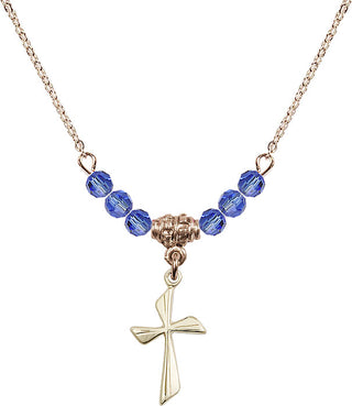 18" Hamilton Gold Plated Necklace with 4mm Sapphire Crystal Beads featuring a 14kt Gold Filled Cross Medal.