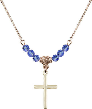 18" Hamilton Gold Plated Necklace with 4mm Sapphire Crystal Beads featuring a 14kt Gold Filled Cross Medal.