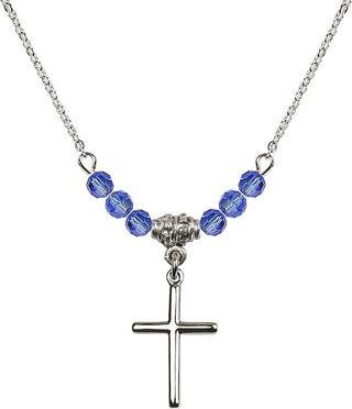 18" Rhodium Plated Necklace with 4mm Sapphire Crystal Beads featuring a Sterling Silver Cross Medal.