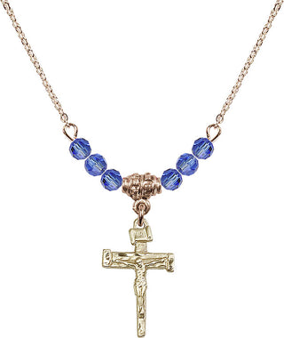 18" Hamilton Gold Plated Necklace with 4mm Sapphire Crystal Beads featuring a 14kt Gold Filled Nail Crucifix Medal.