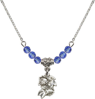 18" Rhodium Plated Necklace with 4mm Sapphire Crystal Beads featuring a Sterling Silver Rose Medal.
