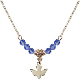 18" Hamilton Gold Plated Necklace with 4mm Sapphire Crystal Beads featuring a 14kt Gold Filled Holy Spirit Medal.