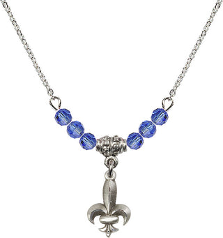 18" Rhodium Plated Necklace with 4mm Sapphire Crystal Beads featuring a Sterling Silver Fleur de Lis Medal.