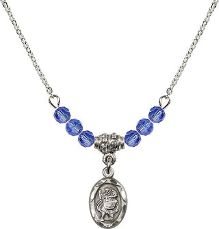 18" Rhodium Plated Necklace with 4mm Sapphire Crystal Beads featuring a Sterling Silver Saint Christopher Medal.