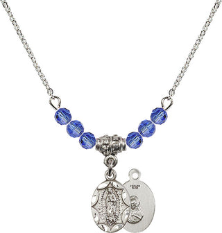 18" Rhodium Plated Necklace with 4mm Sapphire Crystal Beads featuring a Sterling Silver Our Lady of Guadalupe Medal.