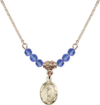 18" Hamilton Gold Plated Necklace with 4mm Sapphire Crystal Beads featuring a 14kt Gold Filled Miraculous Medal.