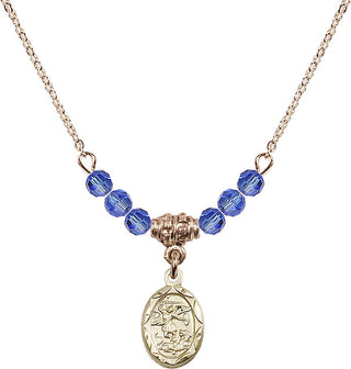 18" Hamilton Gold Plated Necklace with 4mm Sapphire Crystal Beads featuring a 14kt Gold Filled Saint Michael the Archangel Medal.