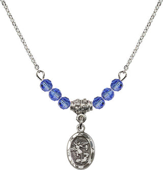 18" Rhodium Plated Necklace with 4mm Sapphire Crystal Beads featuring a Sterling Silver Saint Michael the Archangel Medal.