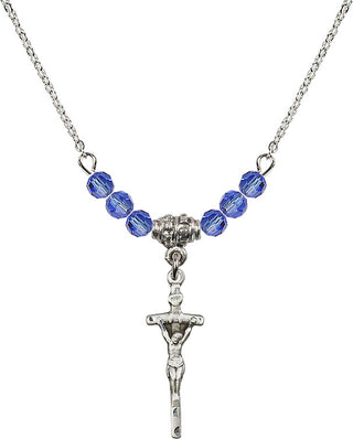 18" Rhodium Plated Necklace with 4mm Sapphire Crystal Beads featuring a Sterling Silver Papal Crucifix Medal.