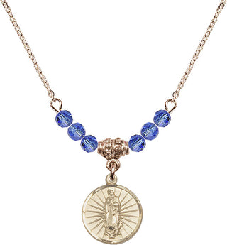 18" Hamilton Gold Plated Necklace with 4mm Sapphire Crystal Beads featuring a 14kt Gold Filled Our Lady of Guadalupe Medal. Engraved Catholic Saint Jewelry